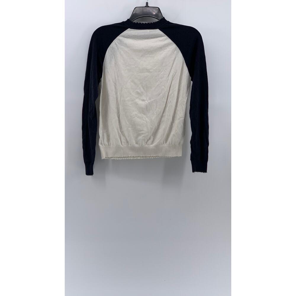 MINNIEROSE Women's White-Navy Color-Block Distressed Knit Pullover Sweater SZ S